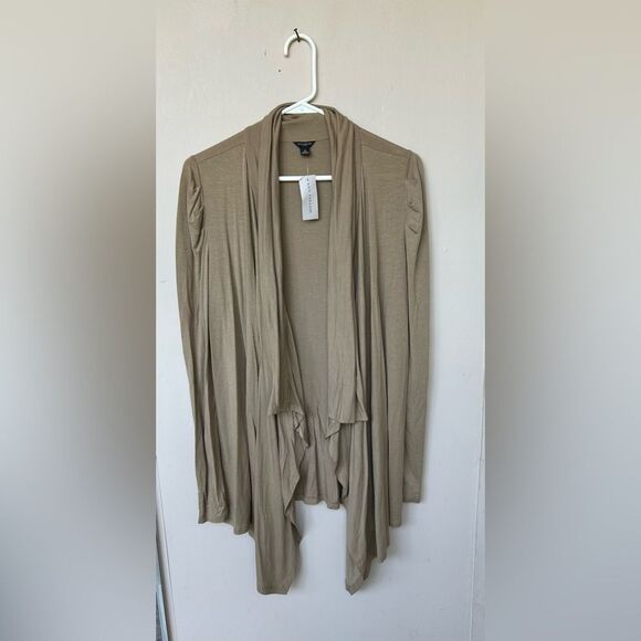 NWT Ann Taylor Camel Open Front Waterfall Draped Cardigan - Medium - Picture 2 of 6